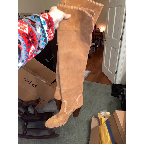 Dolce V. Tan Suede Over the Knee Boots Wood Heel 8 - Picture 8 of 8